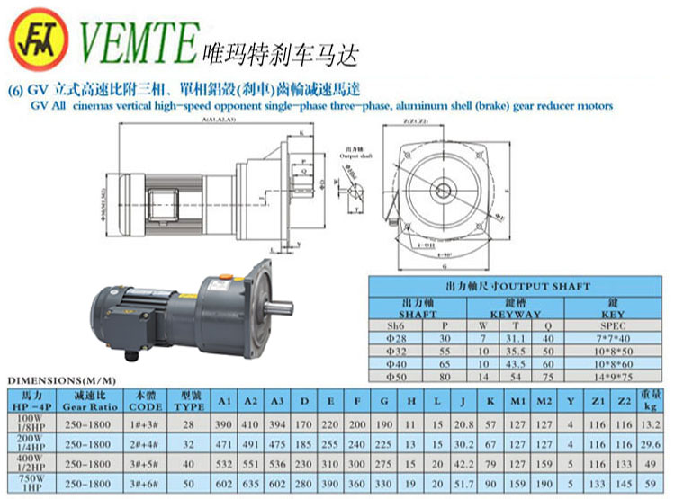 GV立式高速比付三項，單項鋁殼剎車齒輪減速馬達